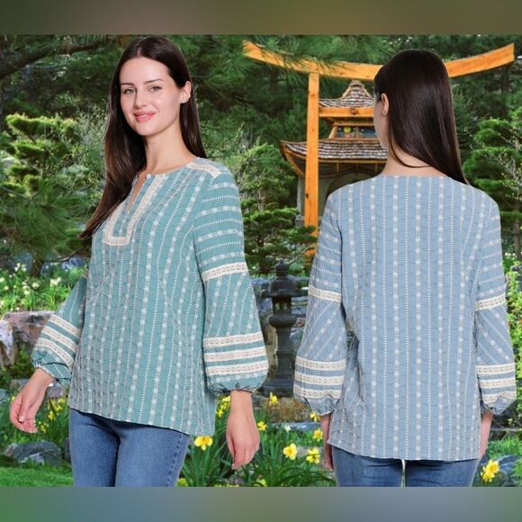 Tru Luxe Womens Embroidered Peasant Top Blouse Tunic Size M Boho Teal NWT - Picture 1 of 10